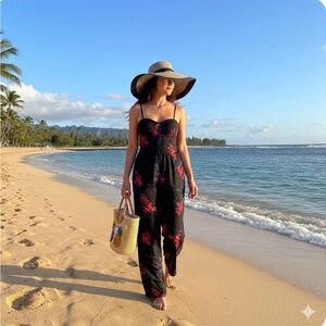 B*O*G COLLECTIVE Jumpsuit Spaghetti Straps Floral Pattern on Black NWT